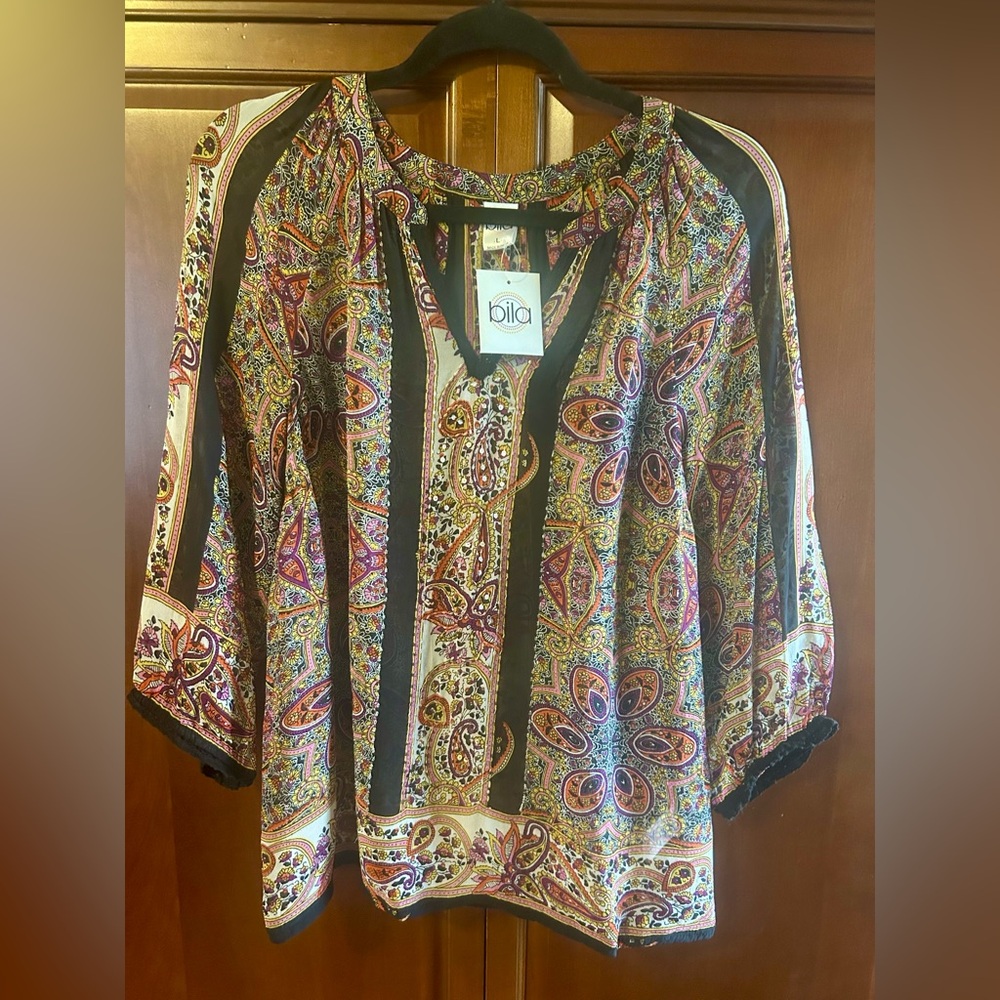 BILA Bohemian-style Paisley Print Tunic V-neckline 3/4 Bubble-style Sleeves L